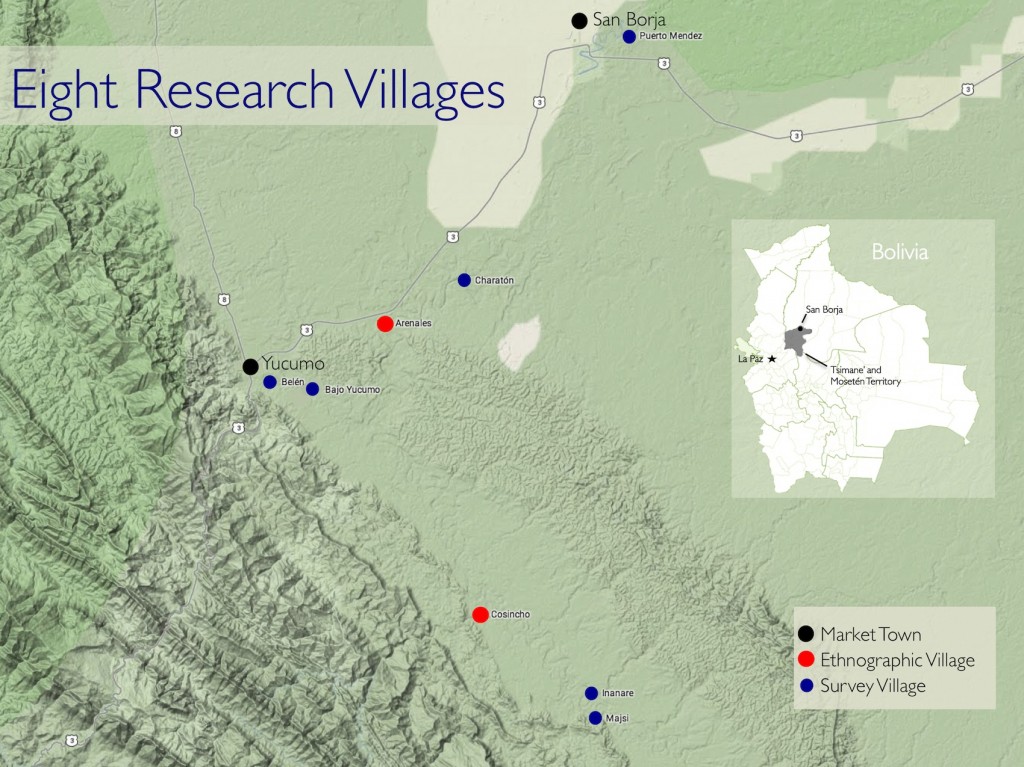 The eight Tsimane' communities that participated in my epidemiologic survey (n=209)